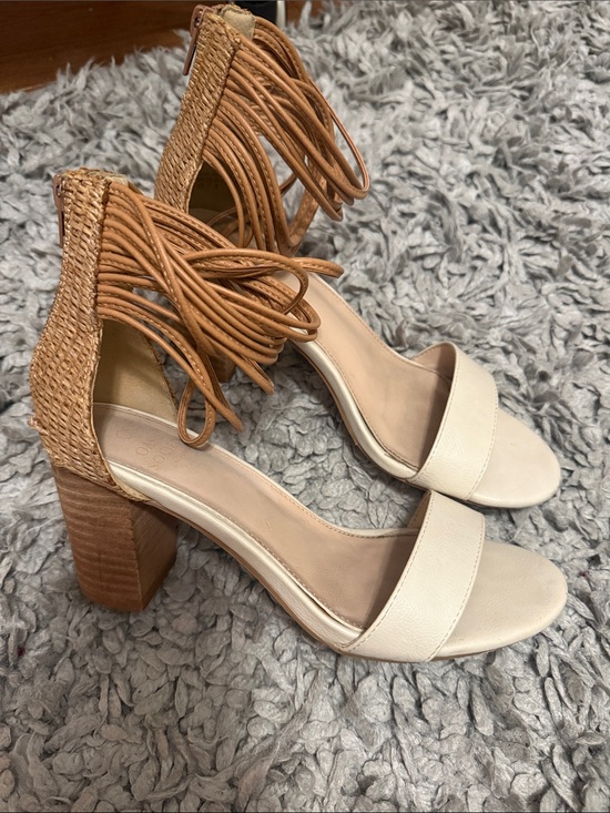 Oasis Society Shoes - Woven Heel Ankle-Tie Wedge Sandals in Cream and Tan